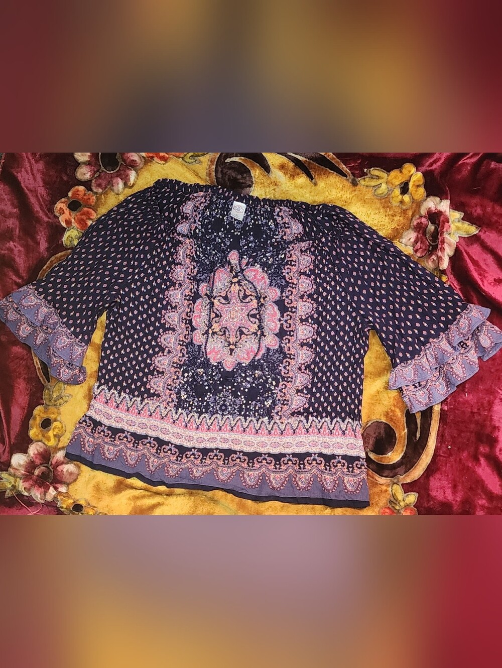 Bohemian Dream Pink Paisley Peasant Blouse With Ruffle Quarter Sleeves
